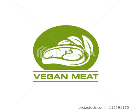 Vegan meat steak icon of vegetable beef with green leaf, vegan cuisine vector symbol. Healthy organic vegan meat steak or soy food product package emblem for eco grocery store or vegan menu 113591170