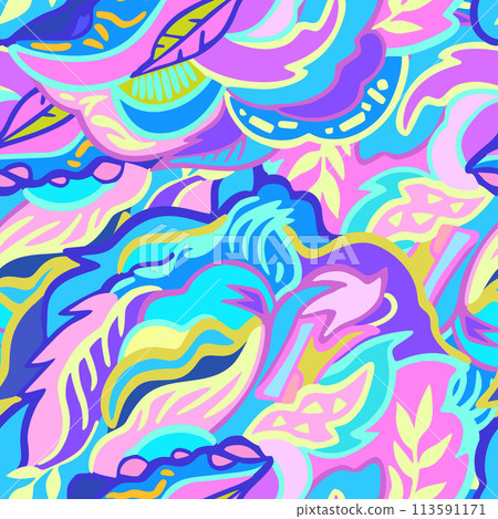 Colorful seamless pattern with chaotic floral and psychedelic abstract elements. Vector illustration. 113591171