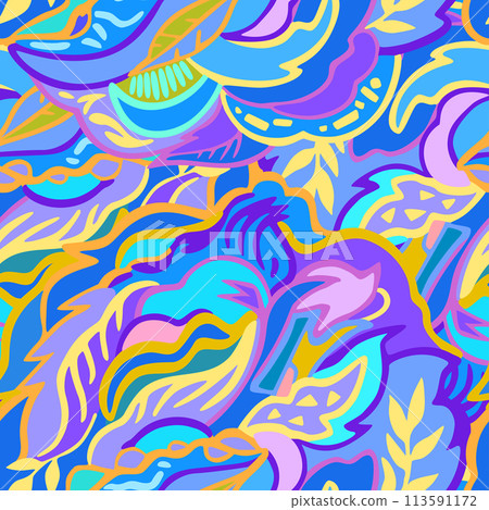 Colorful seamless pattern with chaotic floral and psychedelic abstract elements. Vector illustration. Colorful seamless pattern with chaotic floral and psychedelic abstract elements. Vector illustration. 113591172