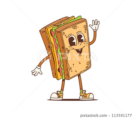 Cartoon retro sandwich groovy character or funky fast food, vector comic personage. Happy groovy sandwich toast with funny smiling face and Hi hand gesture, 70s hippie or hipster fastfood cartoon art 113591177
