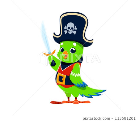 Cartoon parrot animal bird pirate sailor character. Isolated vector colorful, feathered, funny corsair personage with saber and cocked hat, ready for high-sea nautical adventures and witty banter Cartoon parrot animal bird pirate sailor character. Isolated vector colorful, feathered, funny corsair personage with saber and cocked hat, ready for high-sea nautical adventures and witty banter 113591201