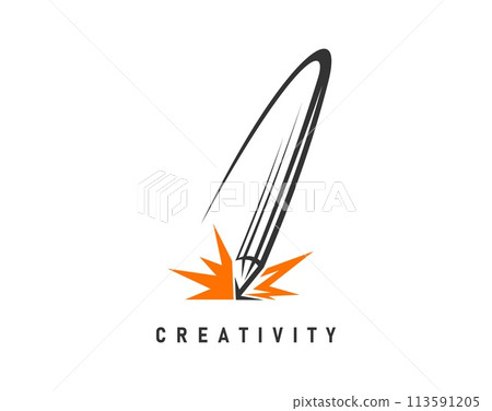 Creative idea pencil icon for creativity and graphic design studio, vector emblem. Pencil comet and idea burst explosion line icon for creative innovation, advertising agency or architect designer 113591205