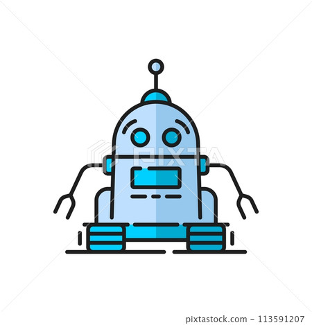 Futuristic virtual bot, game humanoid droid, alien retro robot line color icon. AI robot, robotic technology droid or industry future machine, artificial intelligence bot outline vector symbol or icon 113591207
