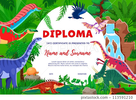 Kids diploma with cartoon dinosaur characters, vector education certificate template. Funny dino reptiles in Jurassic forest, T-rex dinosaur and pterodactyl for kindergarten diploma certificate award 113591210