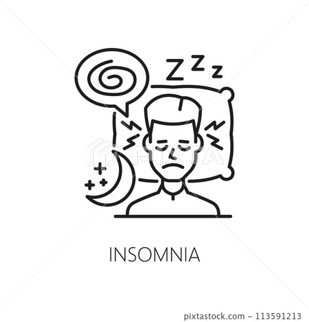 Insomnia line icon of hematology, anemia symptom, physical disease. Vector outline insomnia, sleeplessness, sleep disorder sign of tired and exhausted man lying on pillow and trying to falling asleep Insomnia line icon of hematology, anemia symptom, physical disease. Vector outline insomnia, sleeplessness, sleep disorder sign of tired and exhausted man lying on pillow and trying to falling asleep 113591213