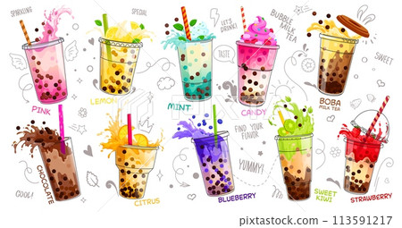 Cartoon milk bubble tea cups isolated vector set. Vibrant array of transparent mugs with colorful drinks, delightful blend of creamy milk tea and chewy tapioca or boba pearls, fruits and berries 113591217
