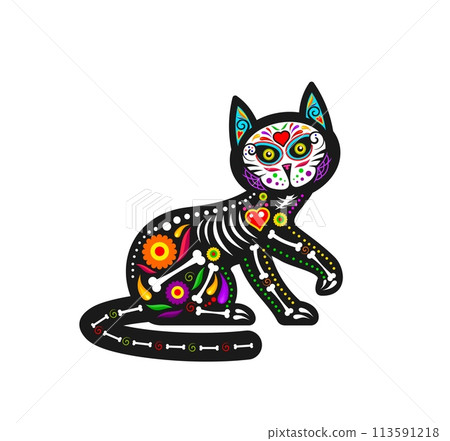 Mexican day of the dead cat animal sugar skull tattoo. Isolated vector dia de los Muertos kitten figure with bones, vibrant colors and floral motifs, symbolizes celebration of departed feline pets 113591218