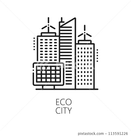 Clean energy, eco city, green power thin line icon. Energy eco production, renewable power industry thin line vector symbol or pictogram with wind turbines on city skyscrapers and solar panel Clean energy, eco city, green power thin line icon. Energy eco production, renewable power industry thin line vector symbol or pictogram with wind turbines on city skyscrapers and solar panel 113591226
