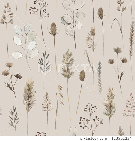 Seamless pattern with dry plants. Watercolor realistic hand-drawn print for design and textile. Seamless pattern with dry plants. Watercolor realistic hand-drawn print for design and textile. 113591234