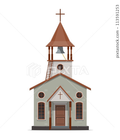 Western church temple building, wild west parish. Isolated vector religious house old american country town. Wooden catholic religion chapel with cross and bell tower with ladder, exude frontier charm Western church temple building, wild west parish. Isolated vector religious house old american country town. Wooden catholic religion chapel with cross and bell tower with ladder, exude frontier charm 113591253