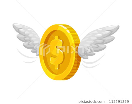 3d golden money coin with wings gleams, symbolizing prosperity and freedom. Isolated vector gold flying dollar currency signify the potential for financial growth, fortune and soaring opportunities 113591259