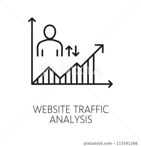Website traffic analysis. Web audit icon. Website content audit, marketing campaign performance analysis or online company traffic control thin line vector sign with user figure, infographics graph Website traffic analysis. Web audit icon. Website content audit, marketing campaign performance analysis or online company traffic control thin line vector sign with user figure, infographics graph 113591266