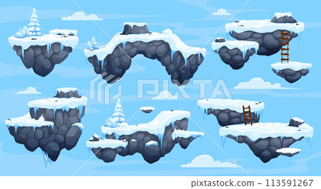 Arcade game platforms with ice and snow, winter level game asset. Vector floating ui rocky islands with snow, spruce trees and stairs. Location map interface for mobile game fantasy arctic environment Arcade game platforms with ice and snow, winter level game asset. Vector floating ui rocky islands with snow, spruce trees and stairs. Location map interface for mobile game fantasy arctic environment 113591267