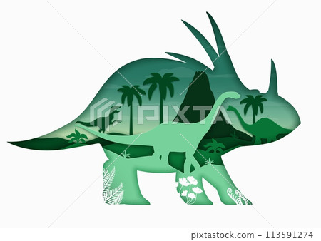 Paper cut triceratops dinosaur silhouette with prehistoric era landscape. Isolated 3d vector frame in shape of dino animal with apatosaurus or tyrannosaurus rex among palms, volcano and ancient plants Paper cut triceratops dinosaur silhouette with prehistoric era landscape. Isolated 3d vector frame in shape of dino animal with apatosaurus or tyrannosaurus rex among palms, volcano and ancient plants 113591274
