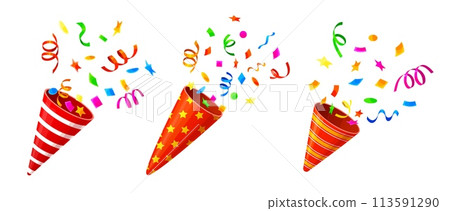 Holiday party popper striped cones, birthday firecrackers with confetti, stars and paper ribbons. Vector crackers and festive popper cones exploding rainbow color streamers, confetti and glitter 113591290