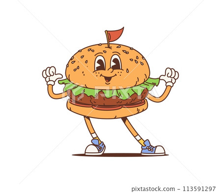 Cartoon retro hamburger groovy character pointing with thumbs on itself. Isolated vector vibrant, tasty burger fast food personage with wide smile, beef and lettuce exudes cool, funky 60s or 70s vibe Cartoon retro hamburger groovy character pointing with thumbs on itself. Isolated vector vibrant, tasty burger fast food personage with wide smile, beef and lettuce exudes cool, funky 60s or 70s vibe 113591297