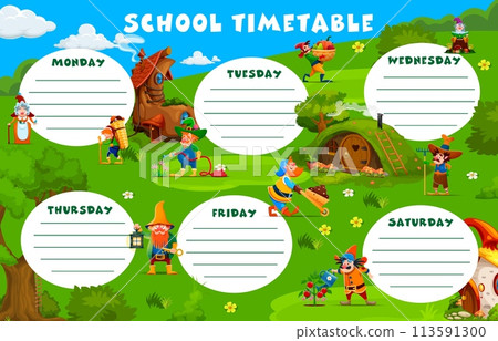 Cartoon garden gnome and dwarf characters, fairy tale education timetable schedule. Study week timetable, classes vector weekly schedule planner with garden dwarfs or fairy gnomes village personages 113591300