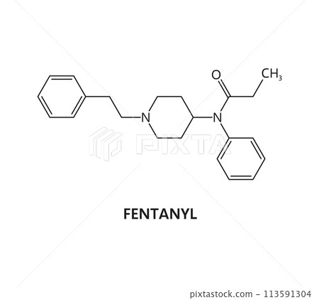 Fentanyl molecule, organic or synthetic drug structure formula. Illegal narcotic biochemical model, addictive substance biomolecule compound or Fentanyl drug chemical vector formula 113591304