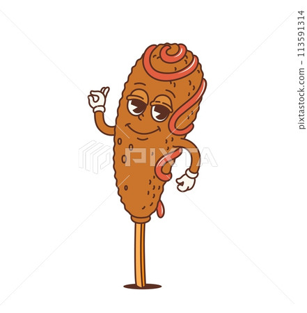 Cartoon retro corndog groovy character or funky fast food, vector comic personage. Happy groovy corndog sausage with Ok alright hand gesture, funny 70s hippie or hipster fastfood in cartoon art 113591314