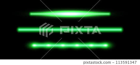Green neon tube lamp set. Glowing led light line beam collection. Bright luminous fluorescent bar stick lines. Shining strip element pack to divide, separate, decorate. Vector illustration 113591347