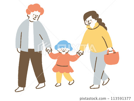 Girl walking with her parents hand in hand_color Girl walking with her parents hand in hand_color 113591377