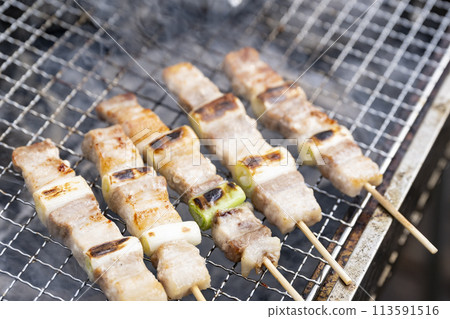 Grilled pork with negima, charcoal grilled skewers, pork with negima Grilled pork with negima, charcoal grilled skewers, pork with negima 113591516