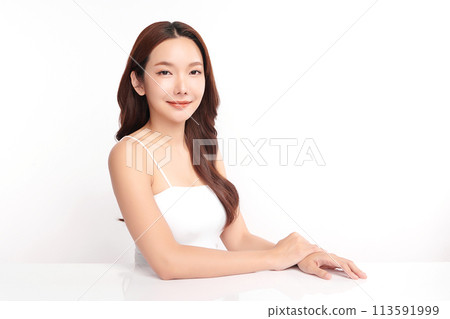 Beautiful young asian woman with clean fresh skin on white background, Face care, Facial treatment, Cosmetology, beauty and spa, Asian women portrait. 113591999