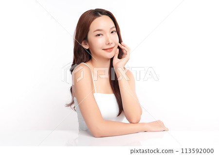 Beautiful young asian woman with clean fresh skin on white background, Face care, Facial treatment, Cosmetology, beauty and spa, Asian women portrait. 113592000