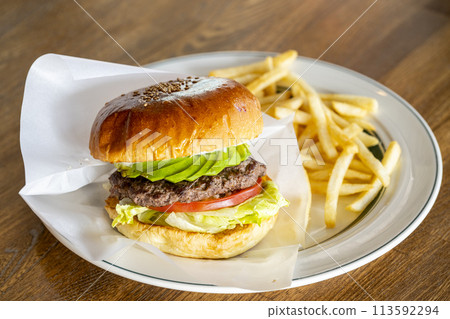 Hamburger and French fries Hamburger and French fries 113592294