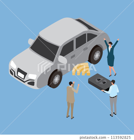 Isometric_Man unlocking car with smart key and happy people 113592825