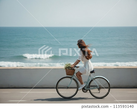 Woman cycling on the beach 113593140