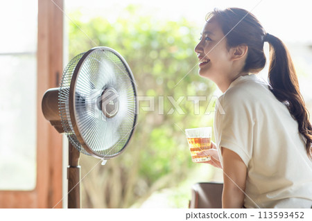 A woman cool with a fan A woman cool with a fan 113593452