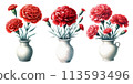 A set of watercolor illustrations of red carnations in a white vase 113593496