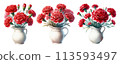 A set of watercolor illustrations of red carnations in a white vase 113593497