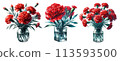 A set of watercolor illustrations of red carnations in a glass vase 113593500