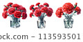A set of watercolor illustrations of red carnations in a glass vase 113593501