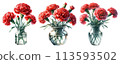 A set of watercolor illustrations of red carnations in a glass vase 113593502