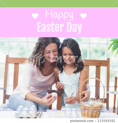 Composition of happy easter day text over caucasian mother and daughter colouring eggs Composition of happy easter day text over caucasian mother and daughter colouring eggs 113593582