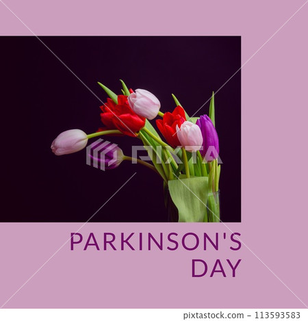 Composition of parkinson's disease day text over bunch of multi coloured tulips Composition of parkinson's disease day text over bunch of multi coloured tulips 113593583