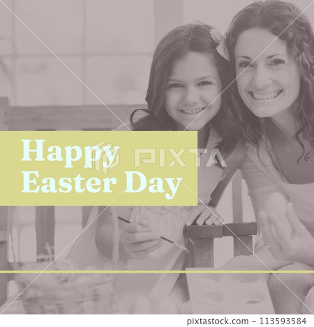 Composition of happy easter day text over caucasian mother and daughter colouring eggs Composition of happy easter day text over caucasian mother and daughter colouring eggs 113593584