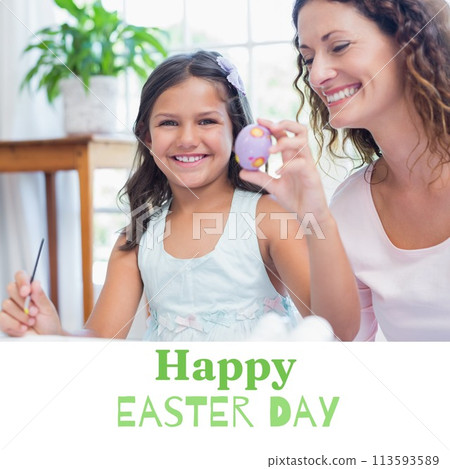 Composition of happy easter day text over caucasian mother and daughter colouring eggs 113593589