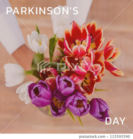 Composition of parkinson's disease day text over woman holding bunch of multi coloured tulips 113593590