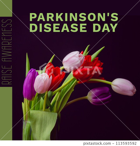 Composition of parkinson's disease day text over bunch of multi coloured tulips 113593592