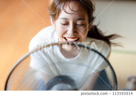 Cute woman cooling off with an electric fan 113593814