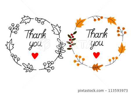 Black and white and color abstract round frame with autumn leaves and lettering Thank you Set of 2 113593973