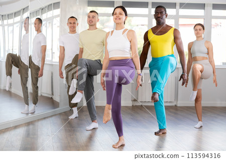 Multinational group of young people stand in row holding hands, performing Irish folk dance. 113594316