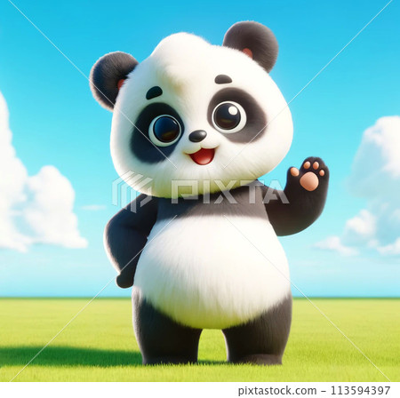 可愛的熊貓站在草地上,擺姿勢微笑 可愛的熊貓站在草地上,擺姿勢微笑 113594397