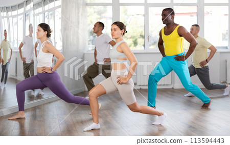Young woman doing leg exercises in training hall 113594443