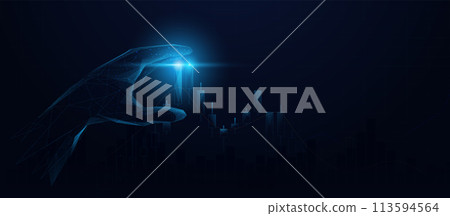 Businessman hand with financial graph investment diagram. Stock market data. Analysis stock market. Low polygonal, wireframe, and mesh illustration Businessman hand with financial graph investment diagram. Stock market data. Analysis stock market. Low polygonal, wireframe, and mesh illustration 113594564
