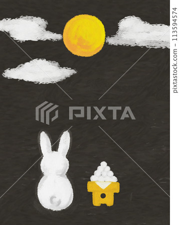 A crayon illustration of a rabbit and rice dumplings watching the moon A crayon illustration of a rabbit and rice dumplings watching the moon 113594574